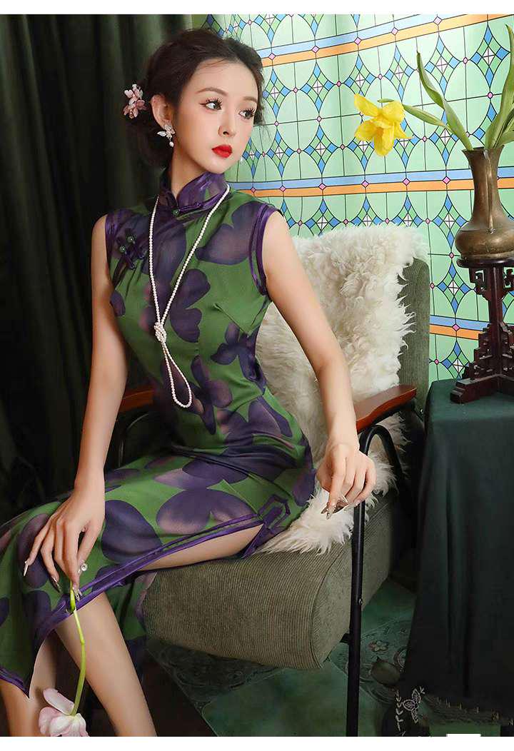 Vestido Qipao Mariposa, Vestido Cheongsam Verde, Vestido Estilo Asiático Vintage,  Qipao Primavera Verano, Vestido Vintage Elegante para Té