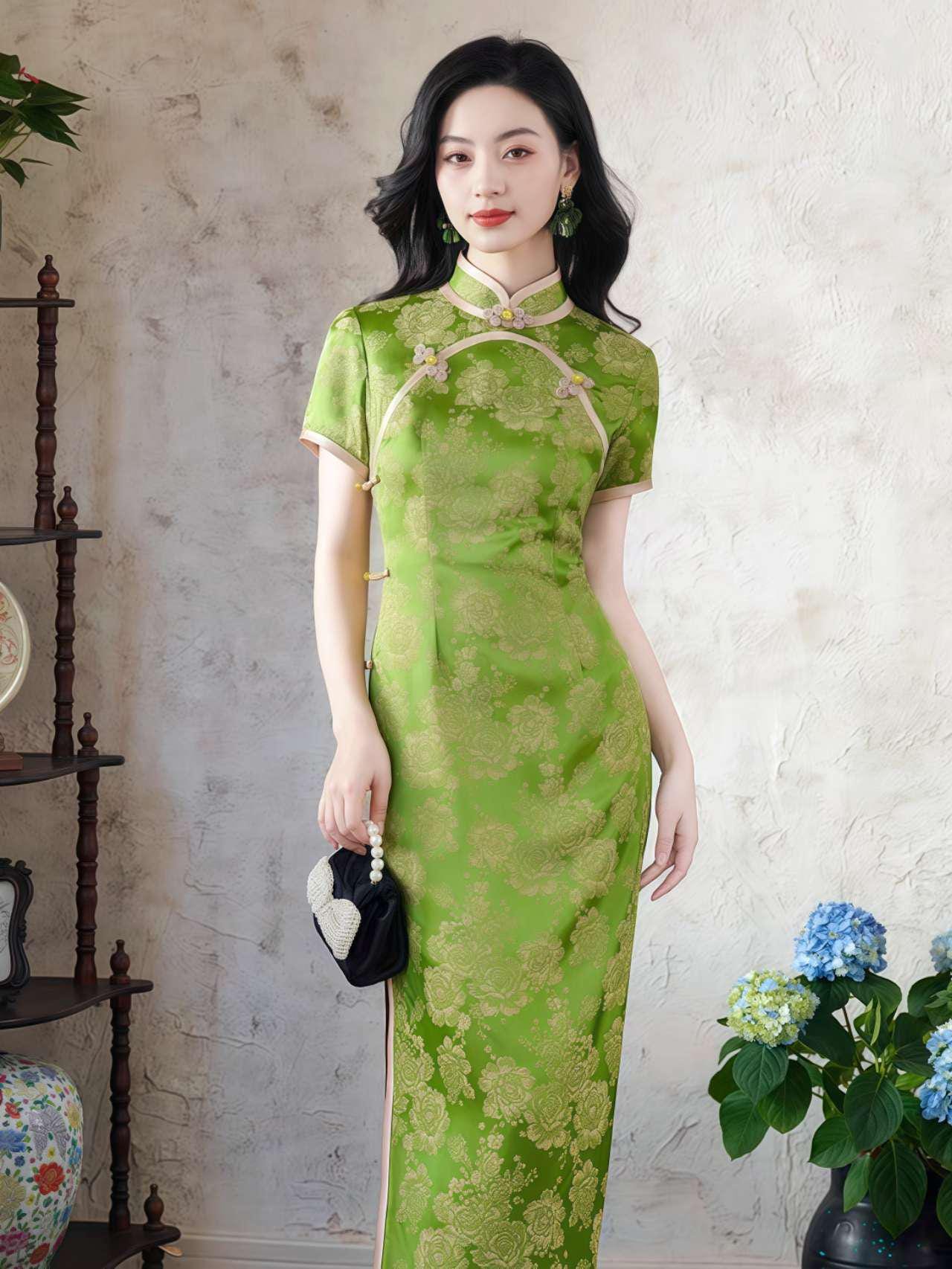 Qipao Brocado Verde, Elegante Cheongsam,Qipao Primavera Verano, Vestido Formal Oriental, Vintage,Cheongsam Invitada de Boda,Ceremonia del Té