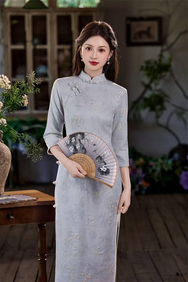Long Cheongsam with Side Buttons, Faux Suede Velvet Qipao, Elegant Traditional Dress, Autumn Chinese Dress, Yellow