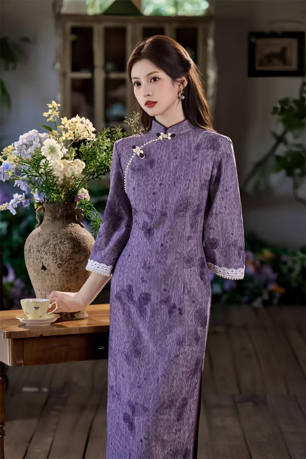 Vestido Qipao Jacquard Púrpura, Maxi Cheongsam Retro Chino, Elegante Vestido Largo Cuello Mandarín, Vestido de Noche Vintage Oriental,Veneno