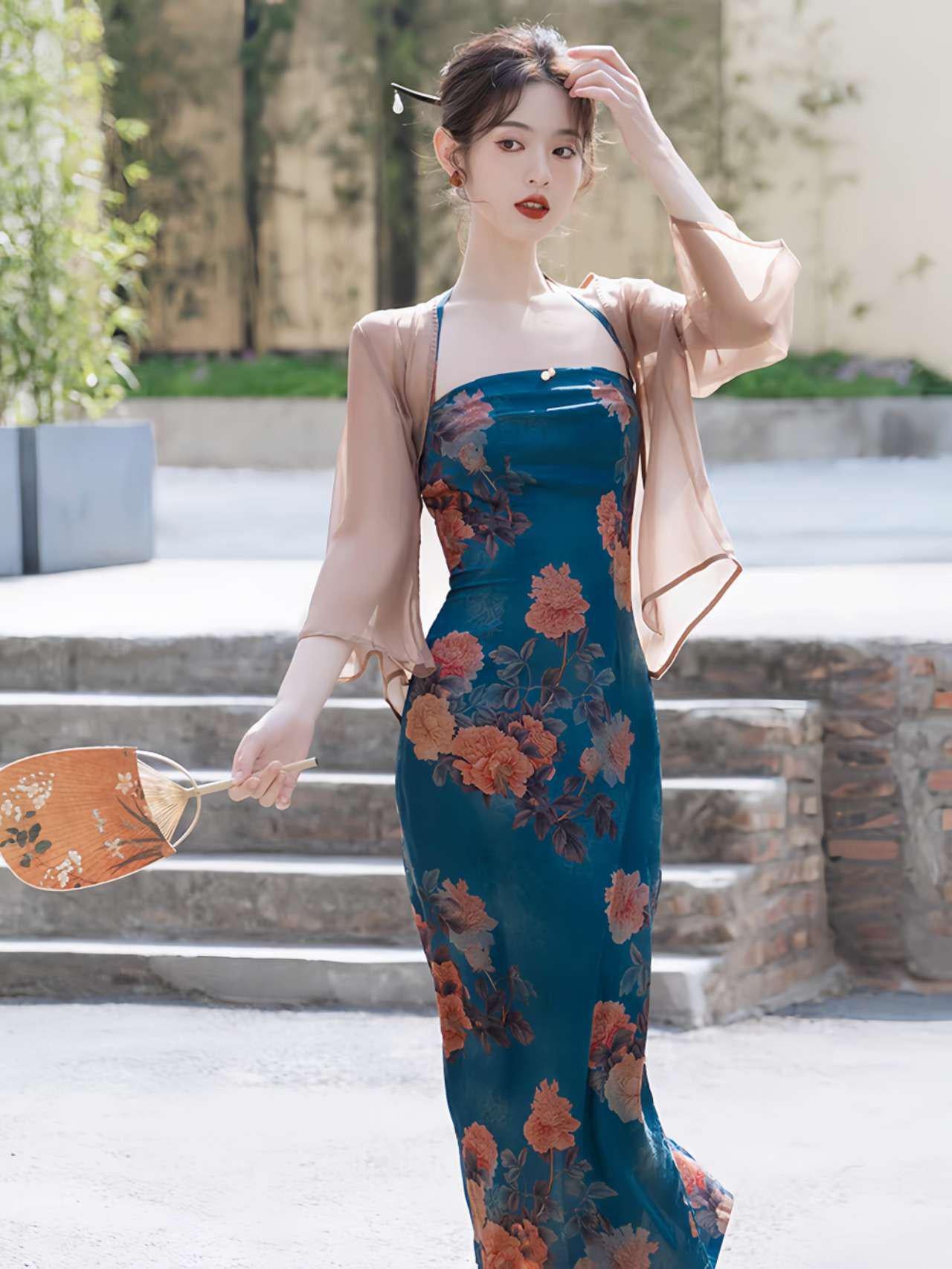 Dos Piezas Floral Qipao,  Retro Asiático Halter Vestido, Clásico Floral Vestido Chino,Azul Cheongsam Vestido Conjunto,Verano Vintage Vestido