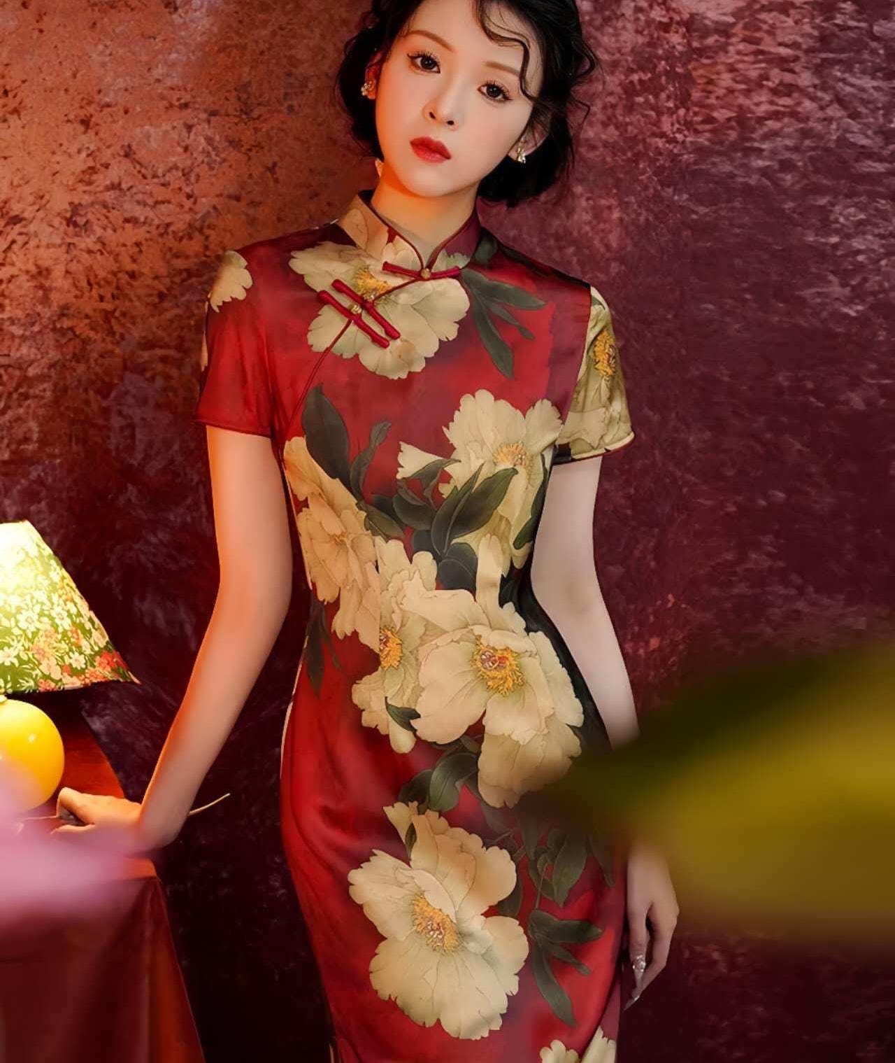 Romántico Qipao Peonía, Vestido Cheongsam Floral Rojo, Vestido de Novia Chino, Vestido Patrón Peonía, tallas grandes S-4XL, Regalo para ella