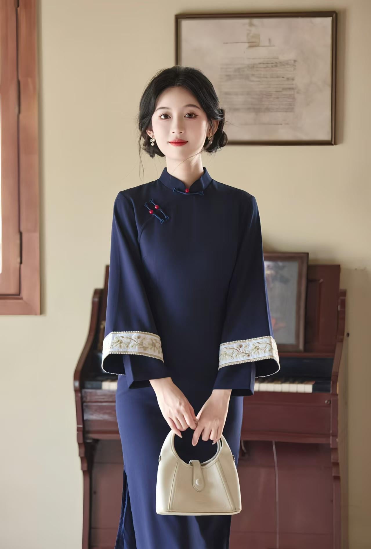 Vestido Qipao Otoño, Vestido Cheongsam Azul Marino, Vestido Chino Manga Larga, Elegante Conjunto Midi Tang, Vestido Oriental Lino Tencel
