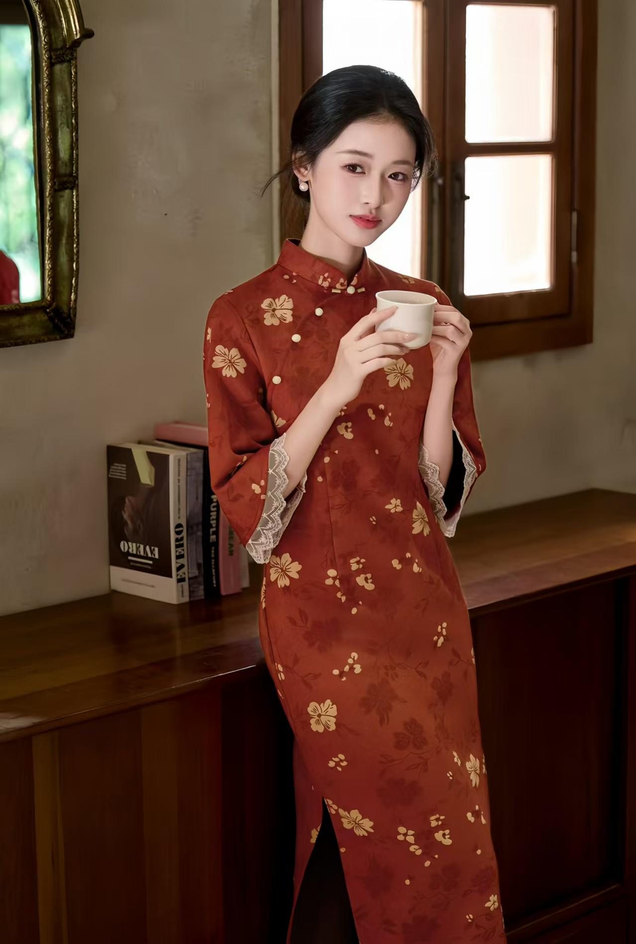 Vestido Qipao Rojo Vintage, Vestido Cheongsam de Ante, Elegante Vestido Midi Floral, Traje de Fiesta Estilo Chino, Cheongsam Otoño Invierno