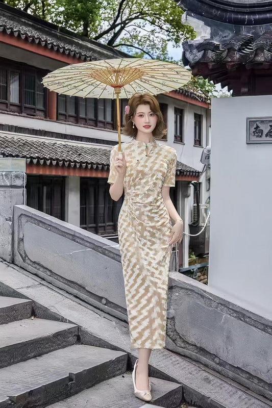 Champagne Velvet Qipao, Elegant Long Cheongsam Dress, Vintage Chinese Evening Dress, Oriental Formal Party Costume, Autumn Winter
