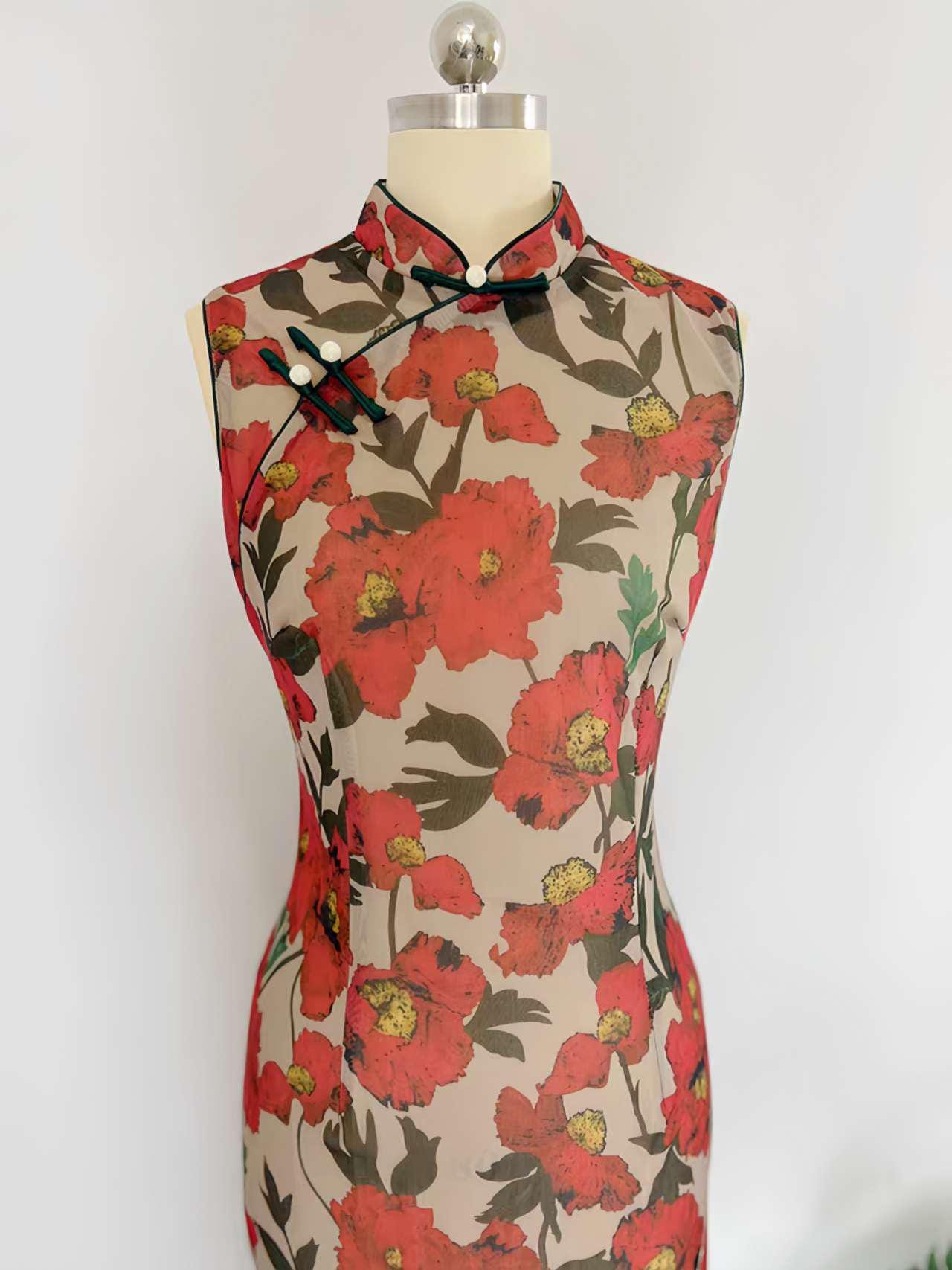 Red Floral Qipao Dress, Retro Chinese Dress, Summer Oriental Cheongsam, Elegant Vintage Qipao, Garden Tea Party Dress, Gift for Her