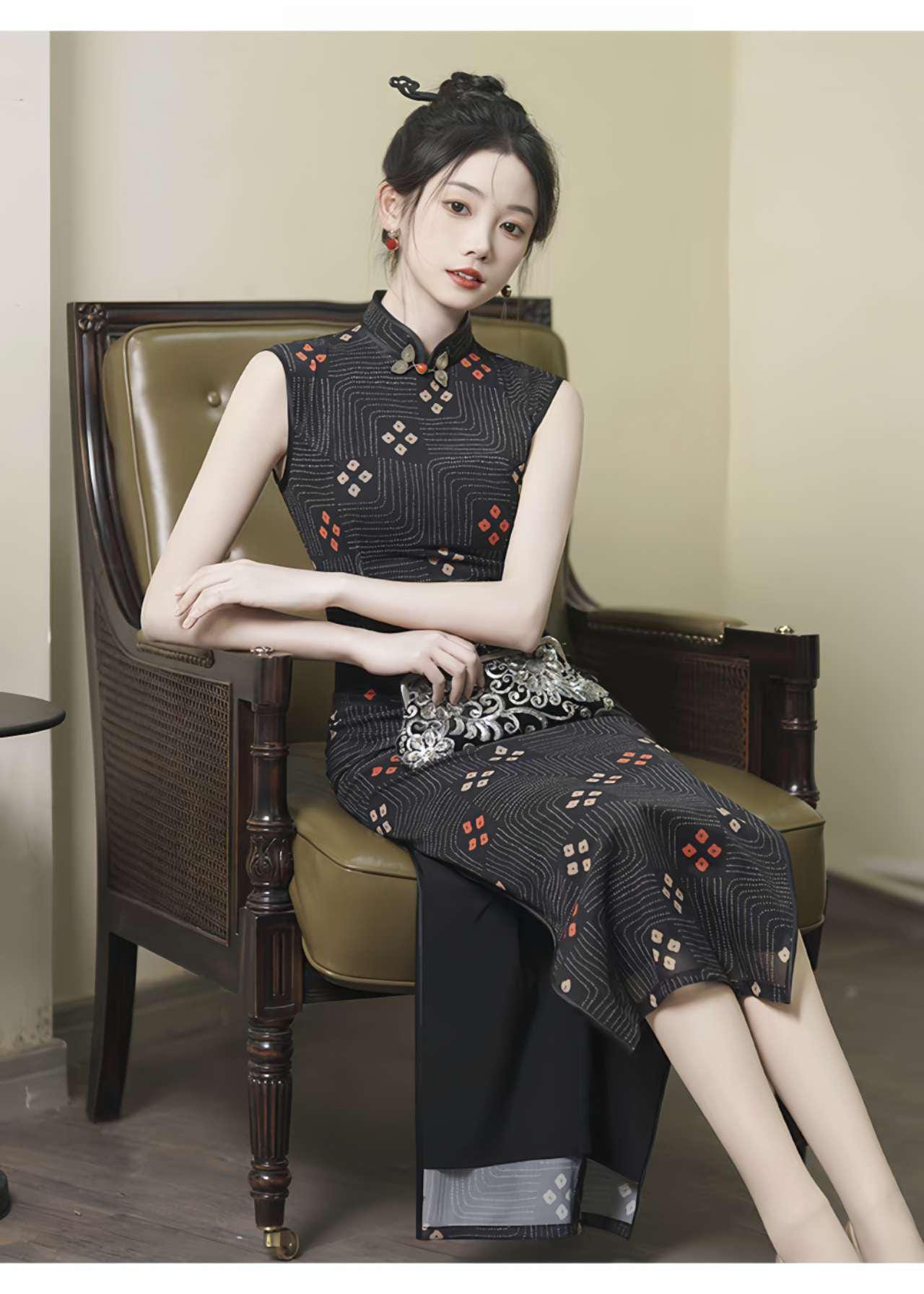Vestido Qipao Negro, Cheongsam Chino Retro, Elegante Vestido, Vestido Oriental Minimalista, Qipao Geométrico Moderno,Traje de Noche Asiático
