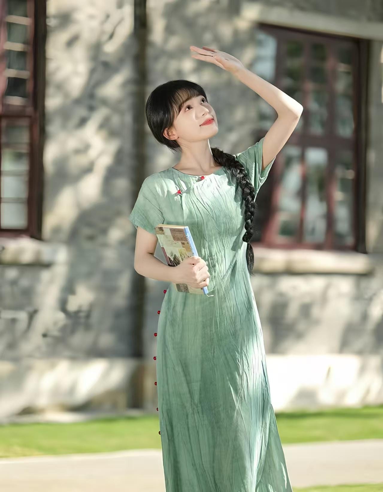 Linen Dyed Qipao Dress, Full Button Round Neck Cheongsam, Natural Fiber Short Sleeve Dress, Chinese Retro Dress, Gift