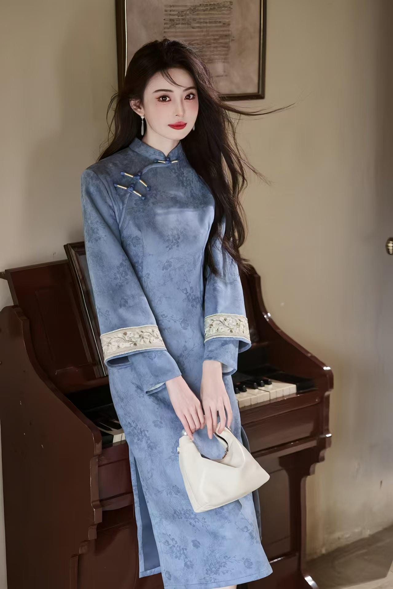 Printed Velvet Qipao, Two-Tone Cheongsam Dress, Elegant Oriental Midi Dress, Retro Chinese Autumn Dress, Pink Blue Party, Gift