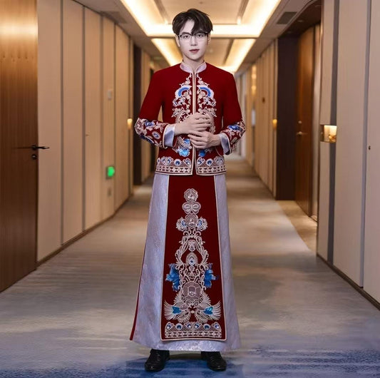 Luxury Chinese Wedding Robe, Vintage Red Silk Velvet Wedding Dress, Dragon Phoenix Embroidered Wedding Suit, Traditional Chinese Wedding