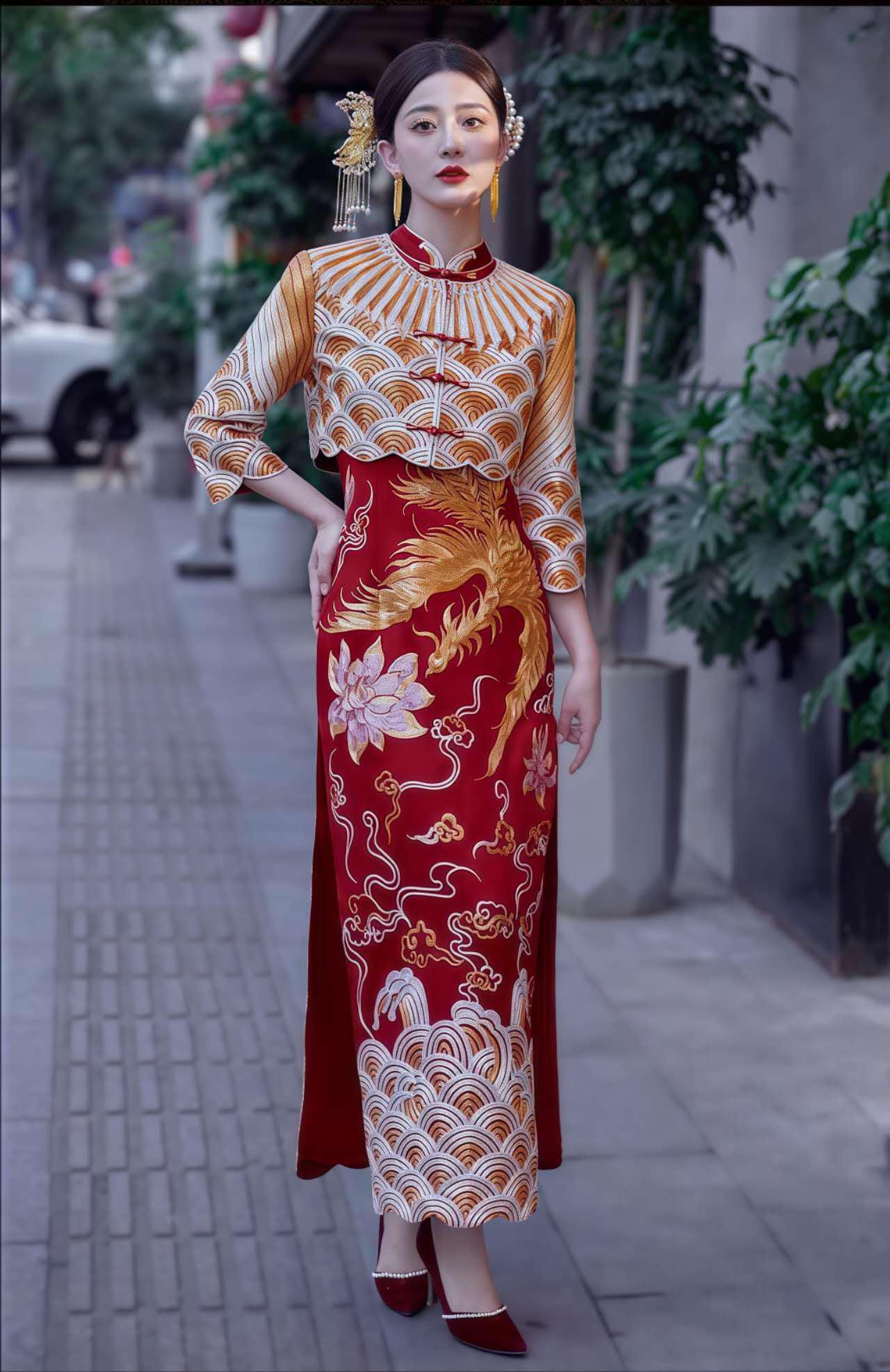 Boda China Qipao Set, Phoenix Dragon Cheongsam Dress, Satin Bridal Dress, Red Gold Chinese Gown,Vintage Two Piece Qipao,Hanfu Inspired Dress