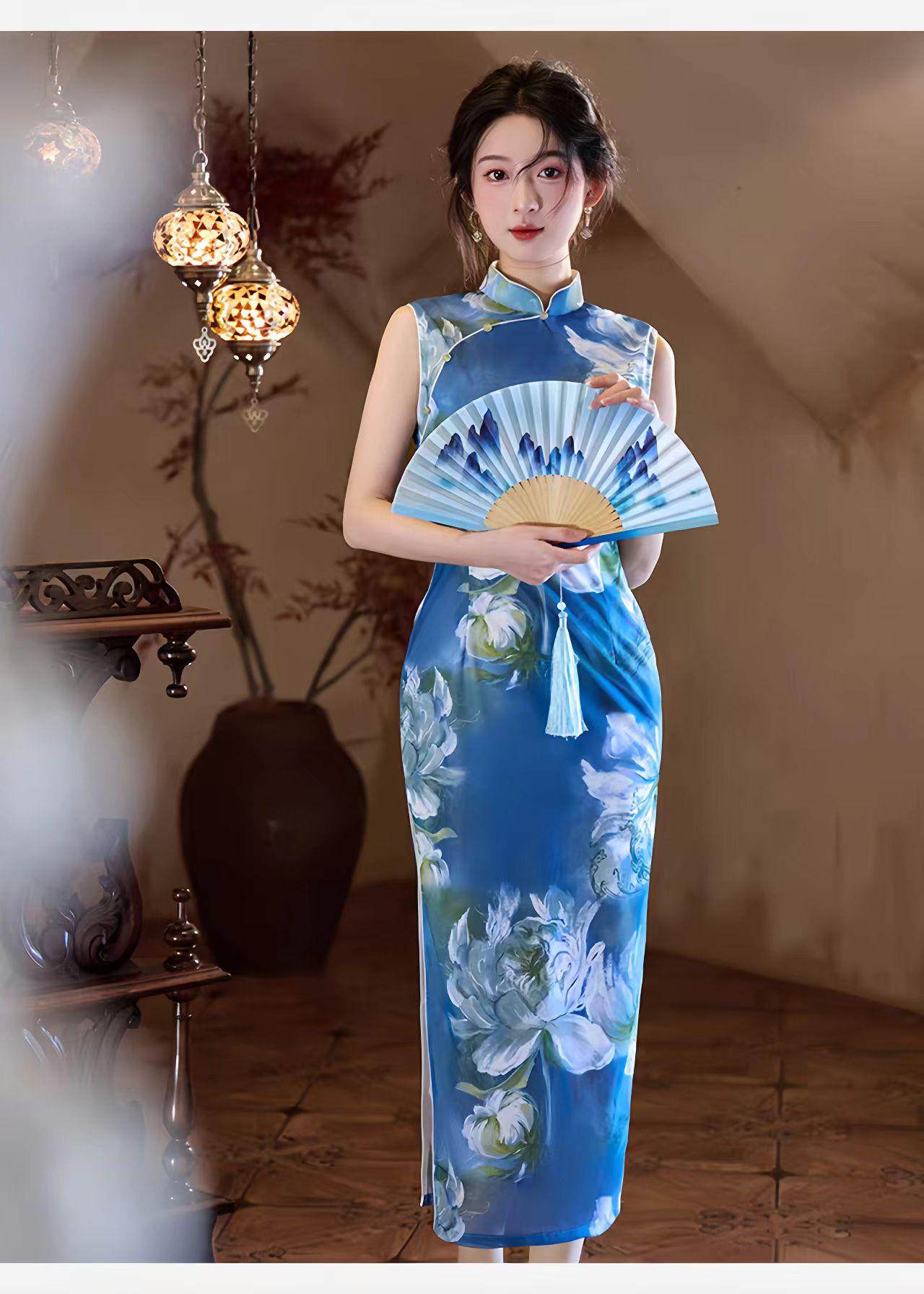 Vestido Qipao Malla Azul,Cheongsam Floral Acuarela,Vestido Chino Moderno,Vestido de Fiesta Cultural,Qipao Primavera Verano, regalo para ella