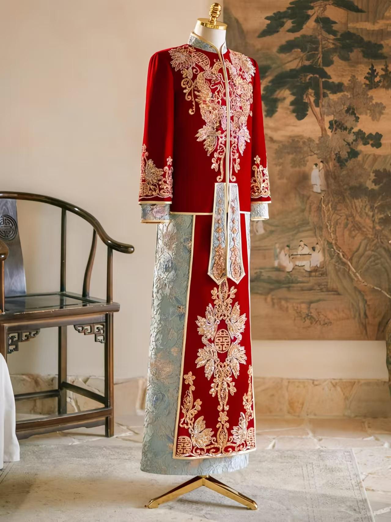 Men's Luxury Velvet Wedding Suit, Red Silk Dragon and Phoenix Embroidery Shaoxing Suit, Elegant Traditional Chinese Groom Suit