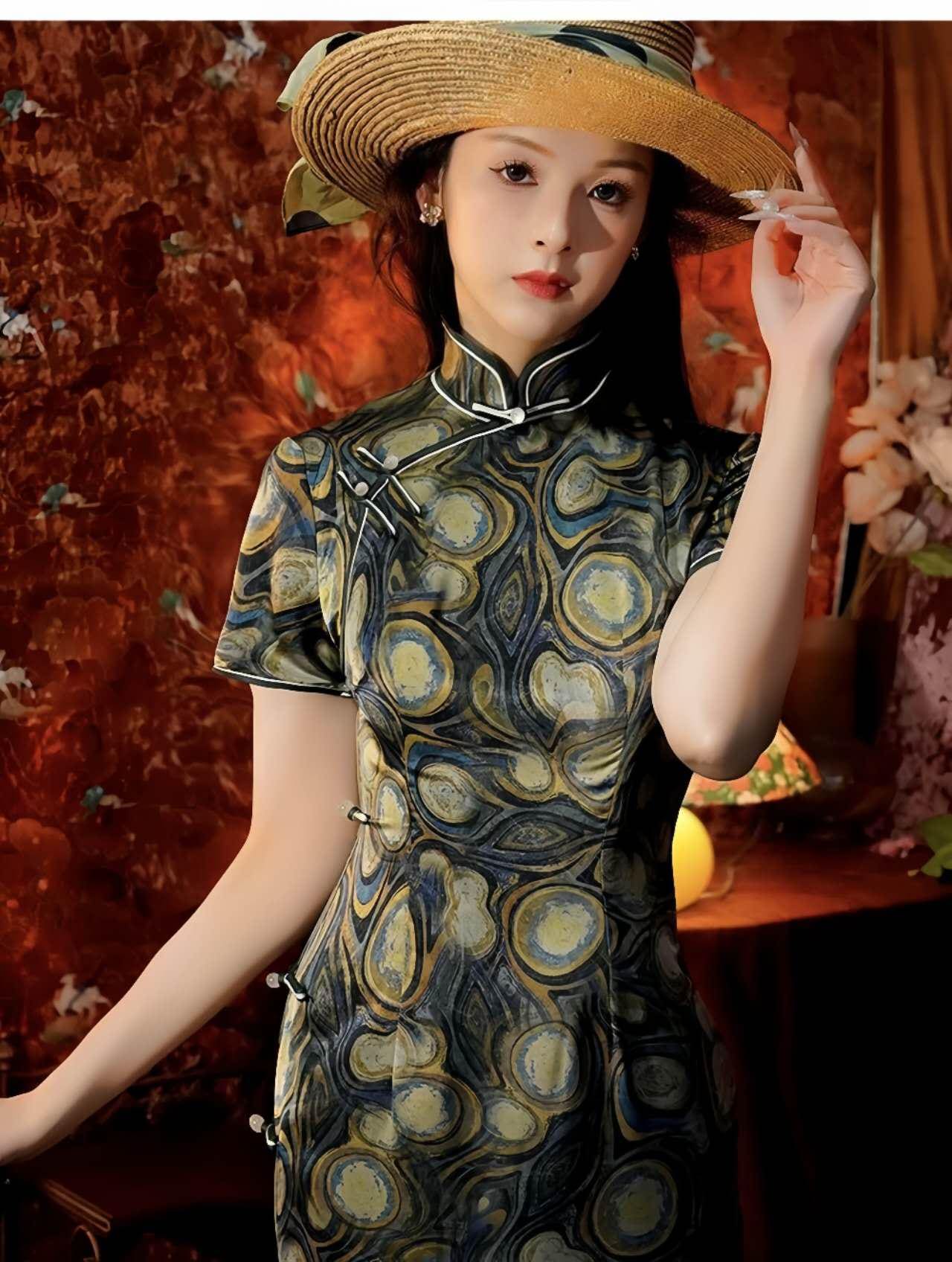 Qipao de estilo renacentista, Cheongsam de brocado artístico, Vestido de patrón barroco, Vestido vintage, Vestido para la ceremonia del té