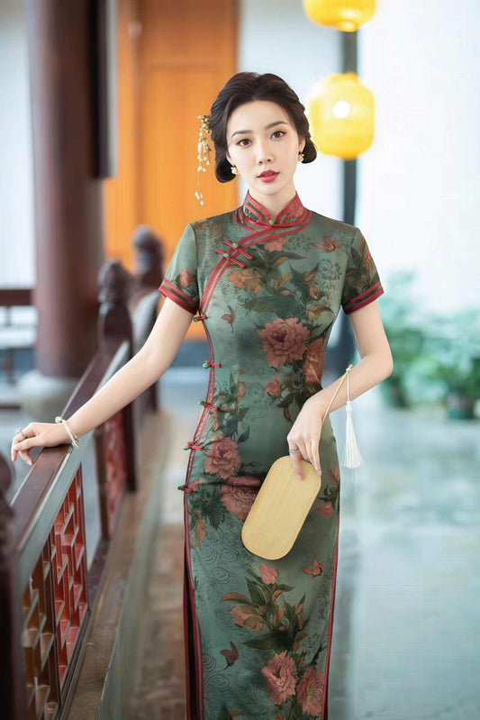 Qipao Floral Vintage, Cheongsam Brocado Verde, Vestido de Boda Oriental, Vestido Retro Asiático, Vestido Qipao Clásico, Ceremonia del Té