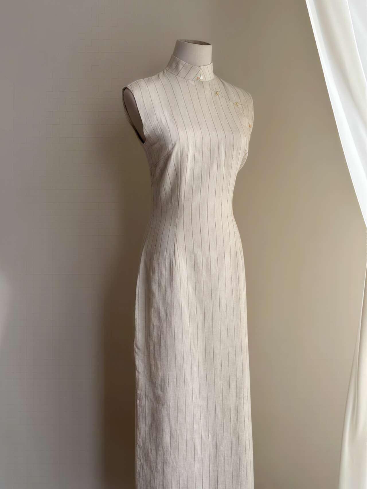 Elegante Qipao de Lino de Algodón - Cheongsam de Lino Transpirable - Vestido Chino Minimalista -Vestido de Verano para Mujer-Regalo Cultural