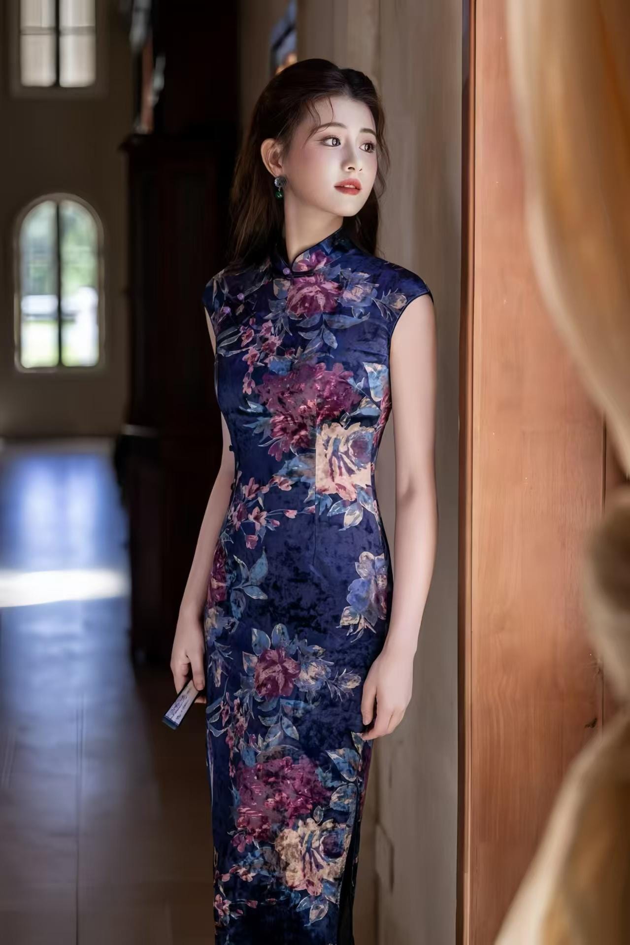Velvet Qipao Dress, Blue Floral Cheongsam, Elegant Long Chinese Dress, Autumn Winter Evening Dress, Vintage Oriental Party Dress
