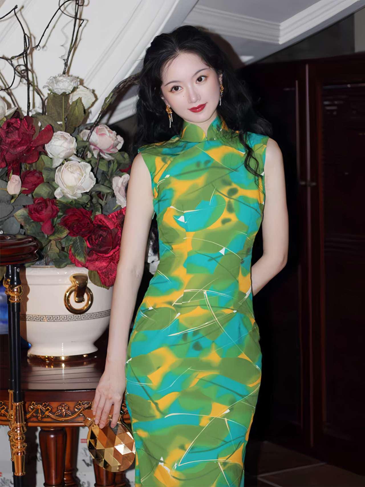 vestido qipao pintura al óleo, cheongsam chino verde moderno, qipao seda japonesa elegante,Vestido Vintage Elegante para Té,regalo para ella