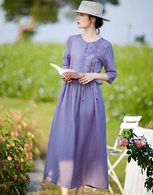 Vestido de Lino Lavanda, Maxi Vestido Boho Étnico, Vestido Vintage Chino, Ropa Morada Mori Girl, Vestido Zen Tallas Grandes, Tea Party