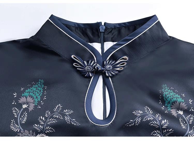 Qipao corto de seda negra, Vestido retro Cheongsam,Elegante vestido asiático de cóctel, Cheongsam Moderno, Vestido chino de verano, S-4XL