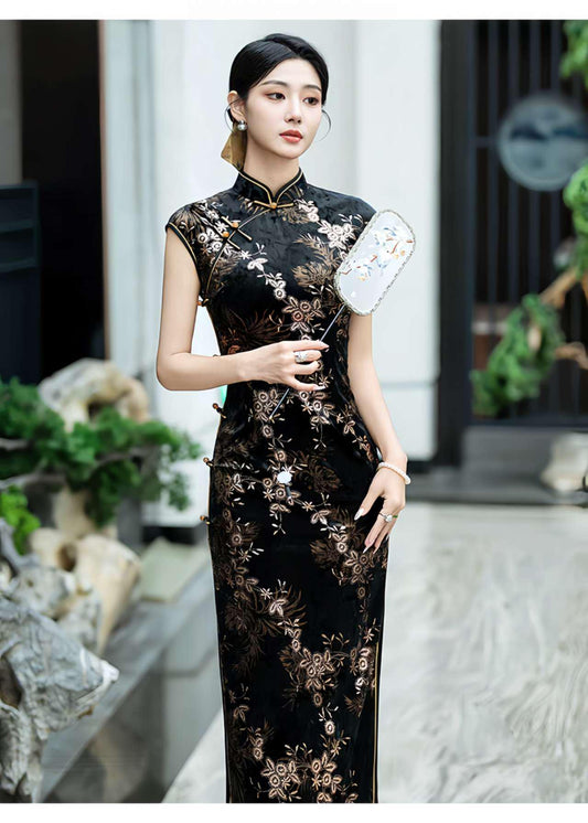 Qipao de terciopelo negro, Elegante Vestido Chino Cheongsam, Vestido Oriental Formal Vintage, Vestido de Boda Retro Asiático, Bordado Floral