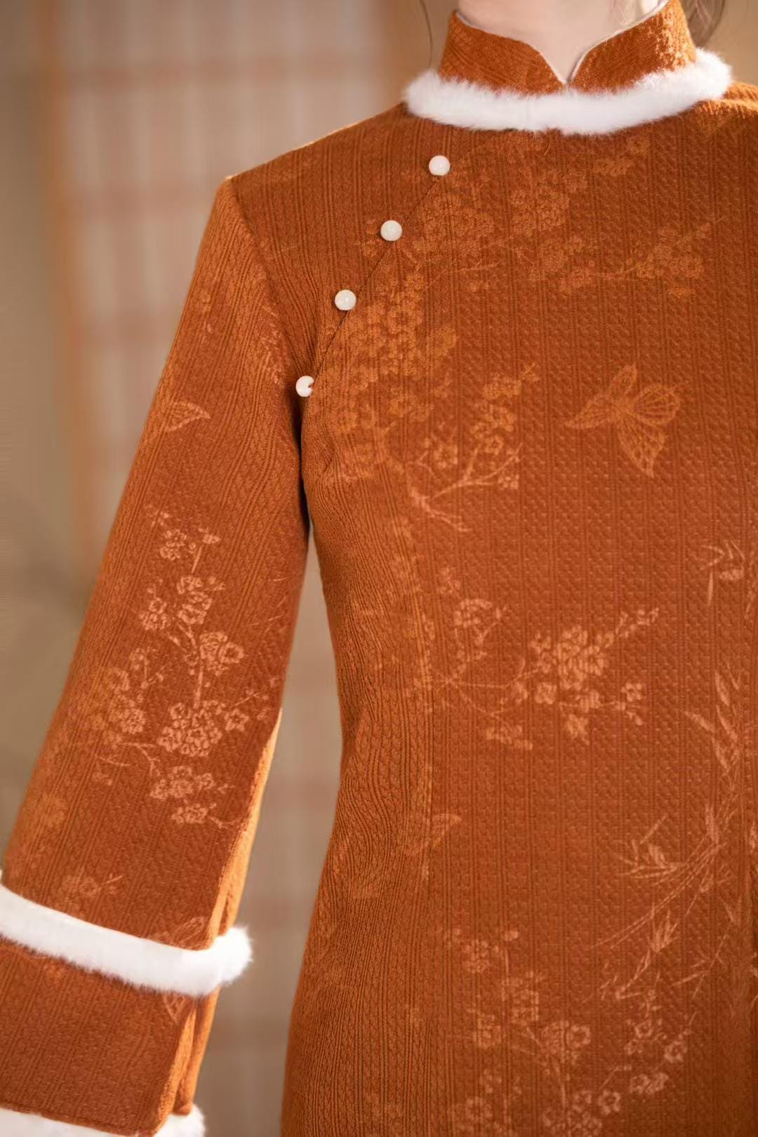 Floral Print Velvet Qipao, Warm Autumn Dress Long Sleeve, Pearl Frog Buttons, Orange Winter Cheongsam, Traditional Chinese, Gift