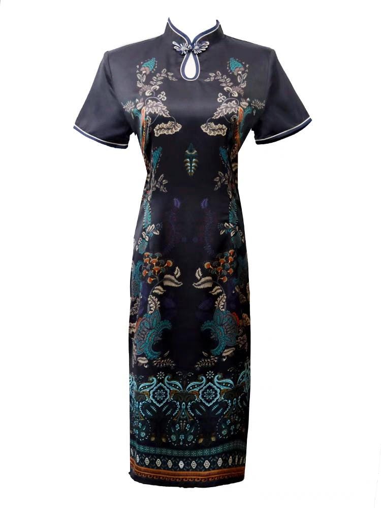 Qipao corto de seda negra, Vestido retro Cheongsam,Elegante vestido asiático de cóctel, Cheongsam Moderno, Vestido chino de verano, S-4XL