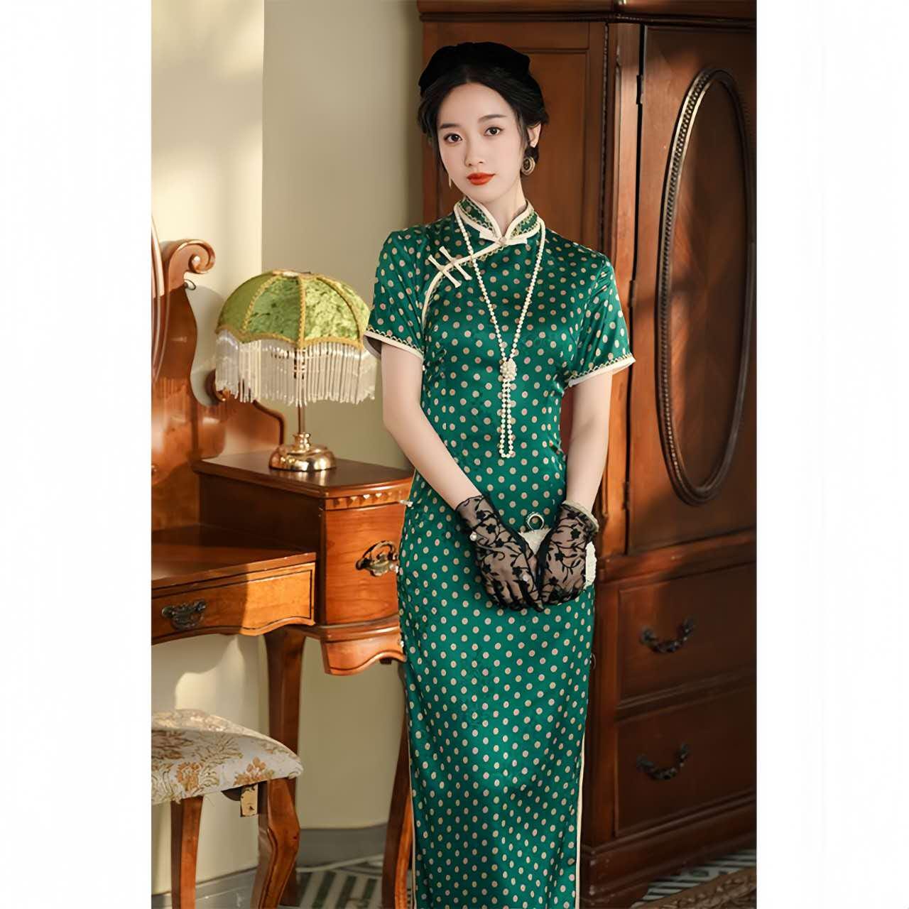 Qipao Vintage de Lunares, Vestido Cheongsam Estilo Francés, Vestido Retro Té Shanghai Verde, Moda Época República de China, tallas grandes