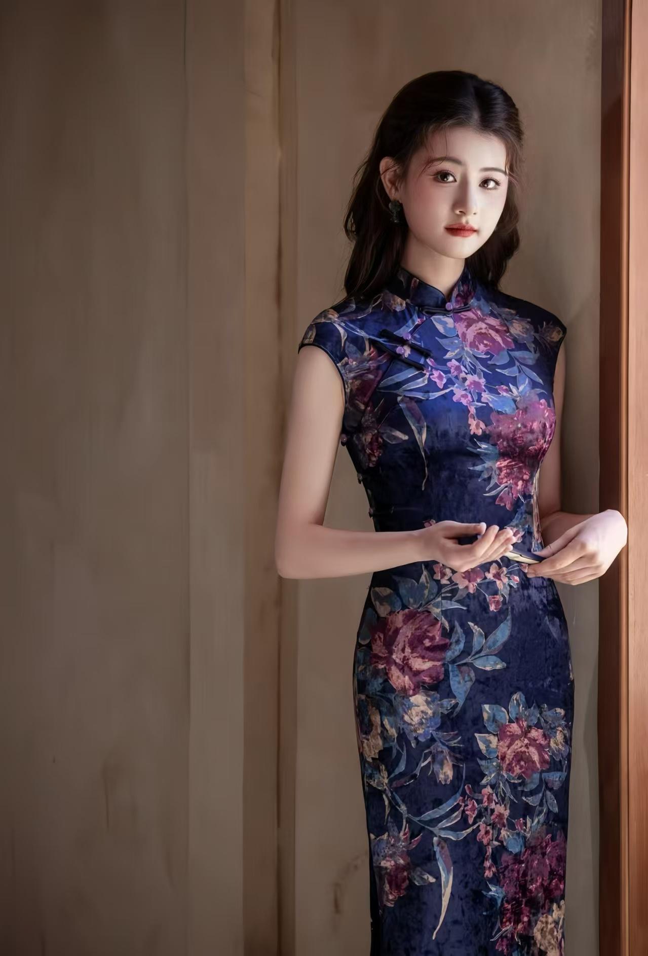 Velvet Qipao Dress, Blue Floral Cheongsam, Elegant Long Chinese Dress, Autumn Winter Evening Dress, Vintage Oriental Party Dress