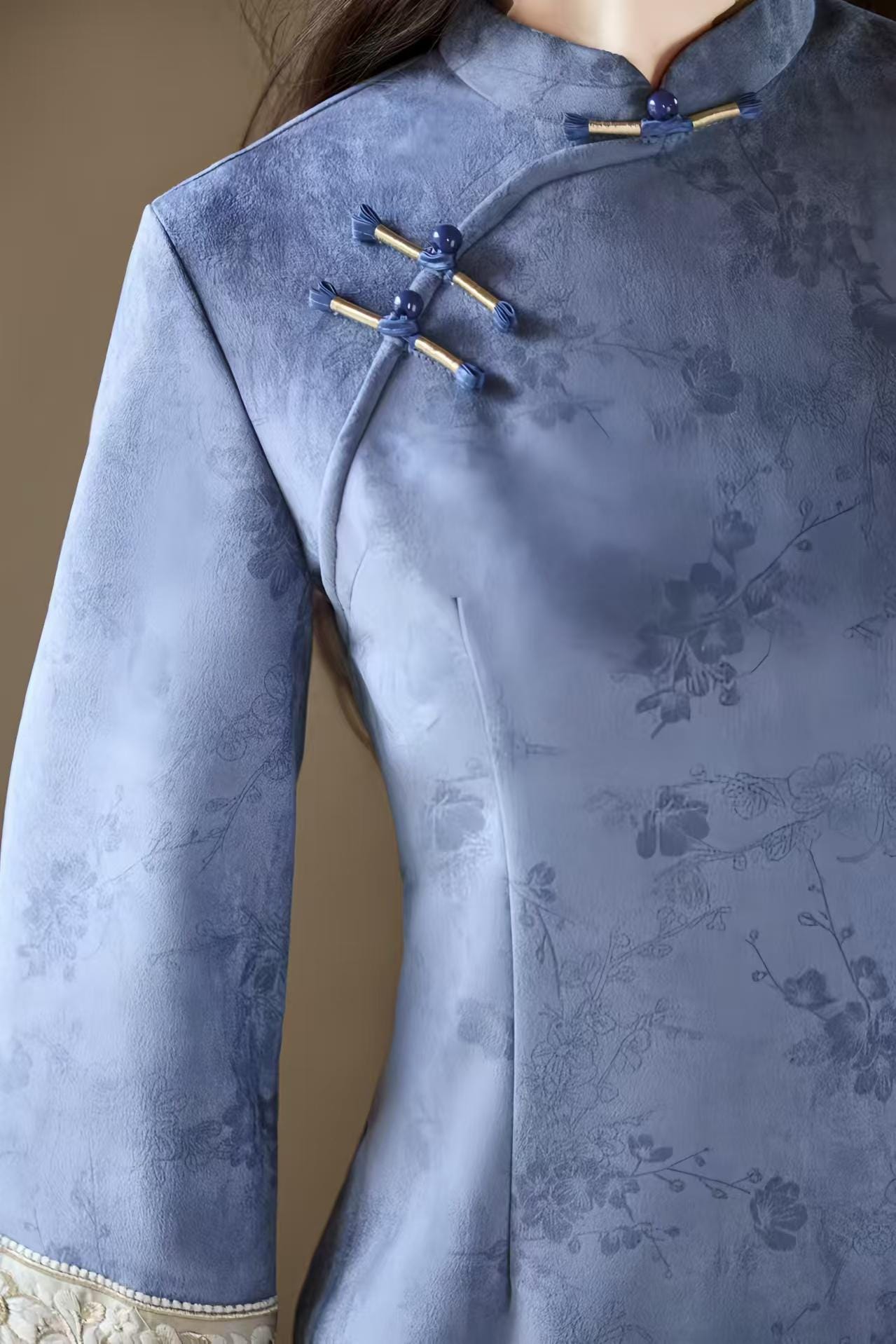 Printed Velvet Qipao, Two-Tone Cheongsam Dress, Elegant Oriental Midi Dress, Retro Chinese Autumn Dress, Pink Blue Party, Gift