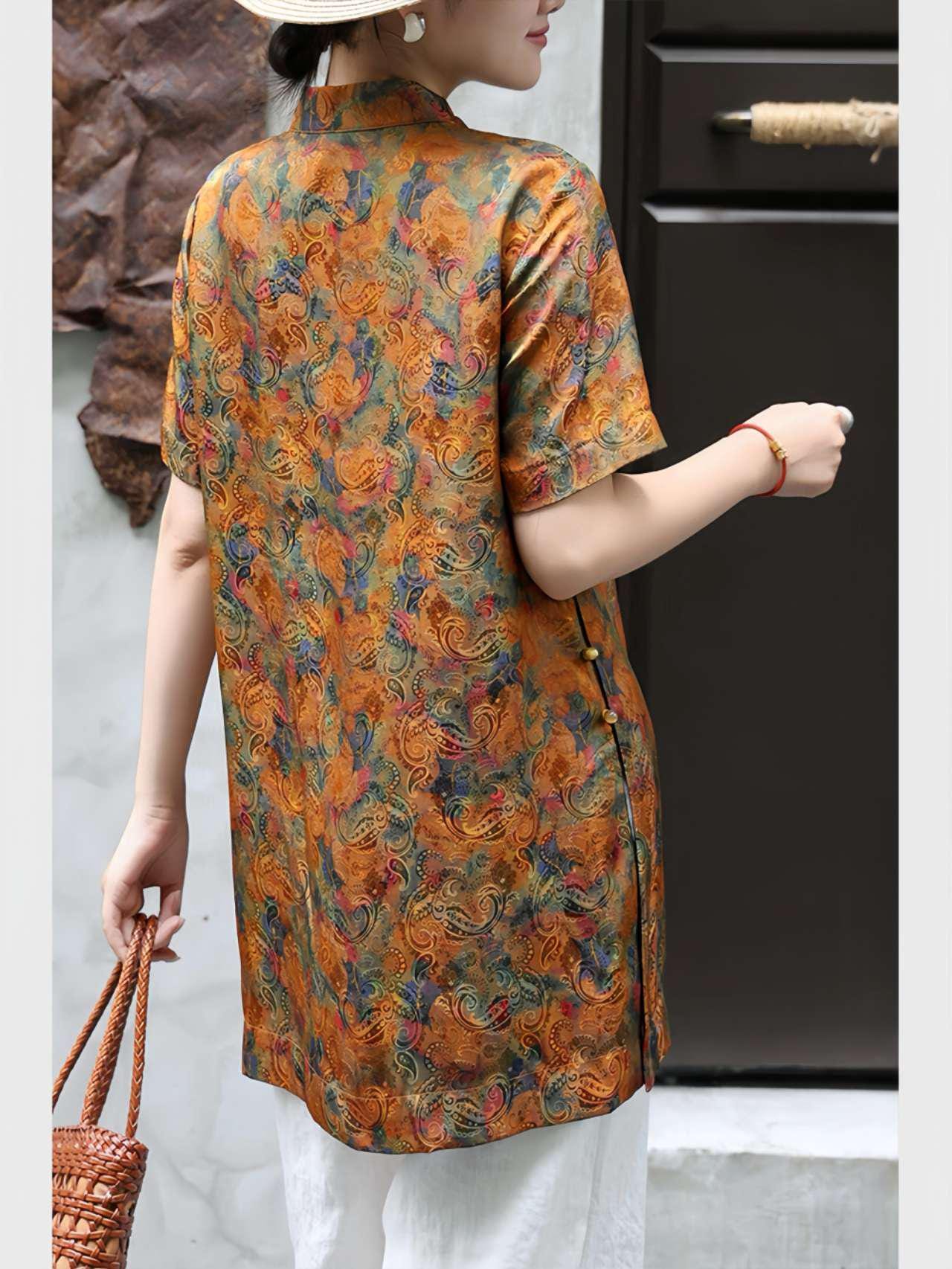 Seda Tang Traje Top, Blusa China Vintage, Camisa Paisley Naranja, Camisa de Verano, Top Tradicional, Blusa Cheongsam, Camisa Boho Étnica