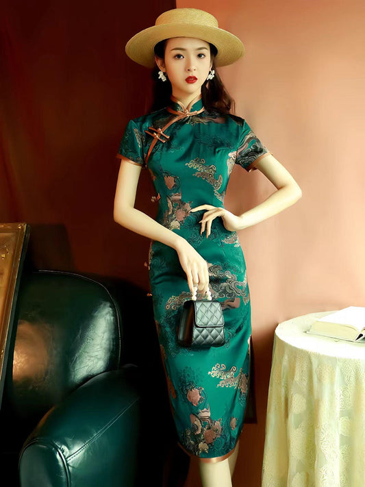 Qipao Verde Oscuro, Vestido de Brocado Cheongsam, Vestido Chino Vintage, Qipao Clásico Floral, Traje Formal Asiático, Moda Retro China S-4XL