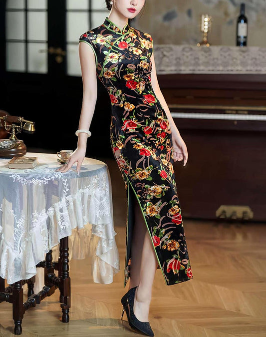Vestido Qipao de Terciopelo, Motivo Floral Próspero, Cheongsam Chino Vintage para Ceremonia de Té, Regalo para Ella, Tallas grandes S-5XL