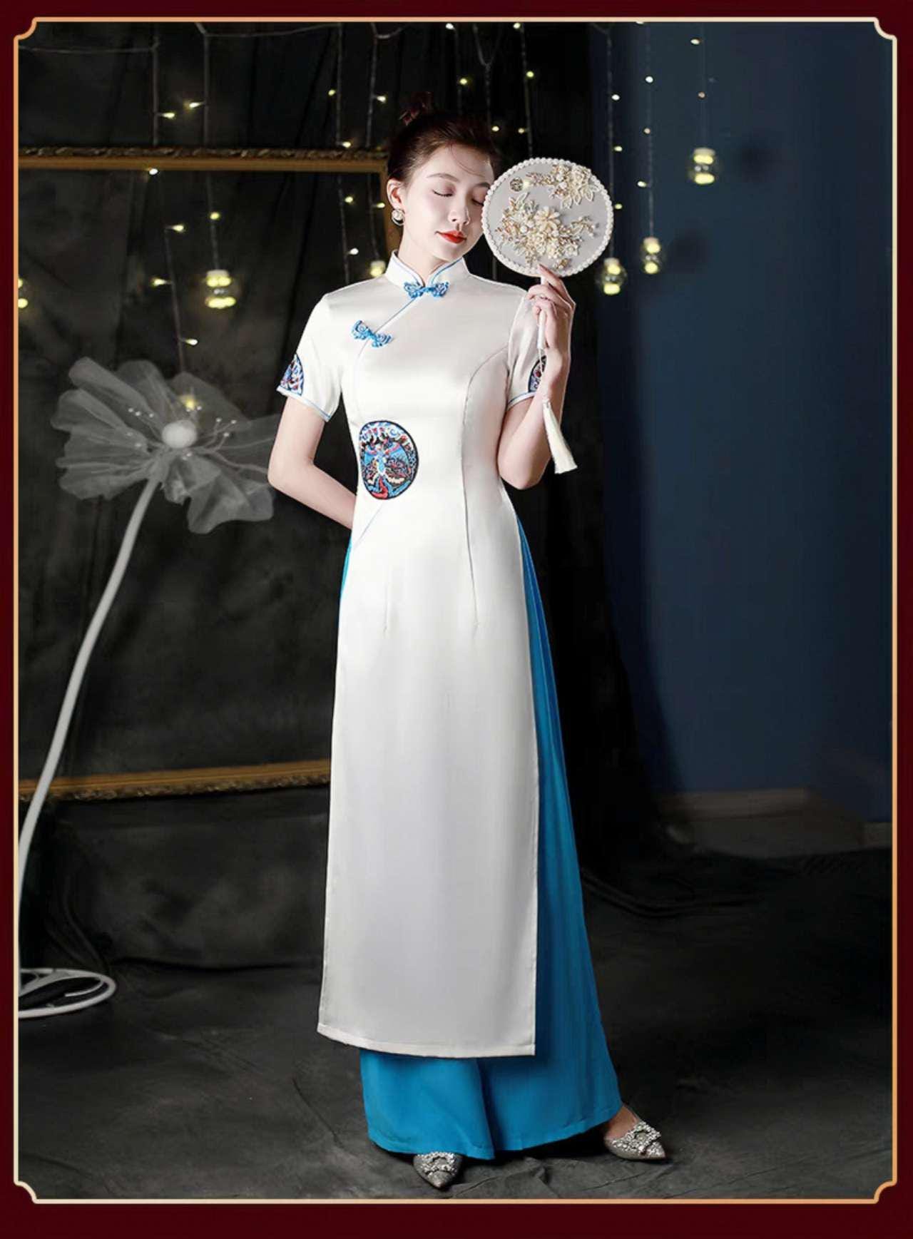 Elegante Cheongsam Blanco, Conjunto Qipao Chino, Vestido Panel Azul, Vestido de Noche Oriental, Vestido Largo, Vestido Ceremonia Cultural