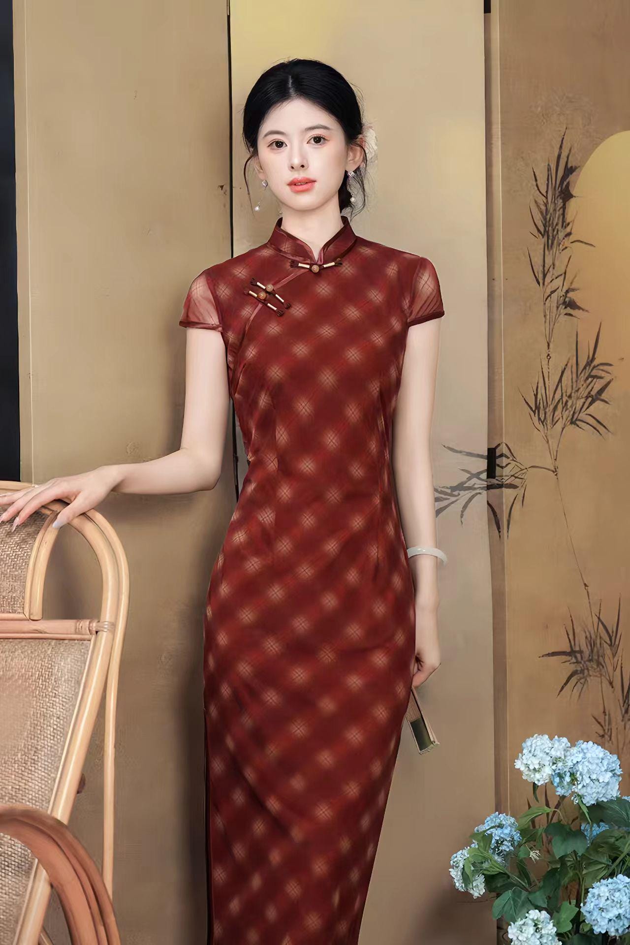 Tencel Sheer Qipao Dress, Red Plaid Cheongsam Gown, Traje de Invitada de Boda, Vestido Cheongsam de Malla Vintage, tallas grandes M-5XL