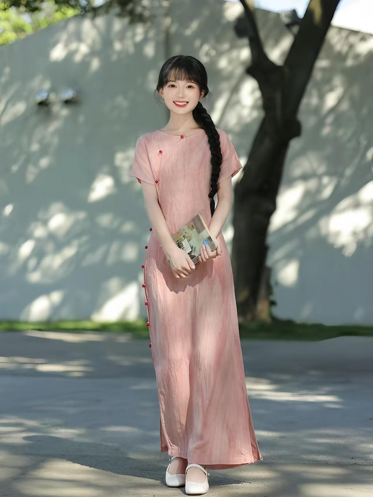 Linen Dyed Qipao Dress, Full Button Round Neck Cheongsam, Natural Fiber Short Sleeve Dress, Chinese Retro Dress, Gift