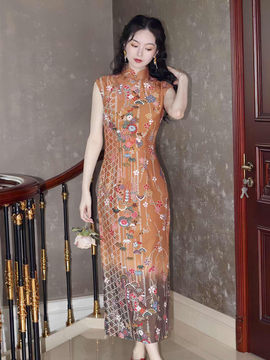 Vestido qipao vintage, Cheongsam Moderno, estampado floral retro, estilo chino tradicional, Vestido Elegante para Té