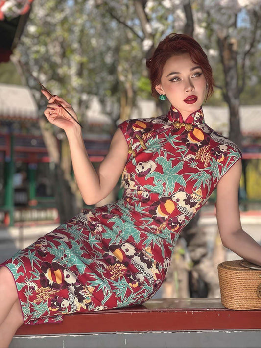 Qipao Retro con Estampado de Panda– Cheongsam Chino Casual de Algodón– Vestido Cultural Divertido- Regalo Único para Ella- vestido de fiesta
