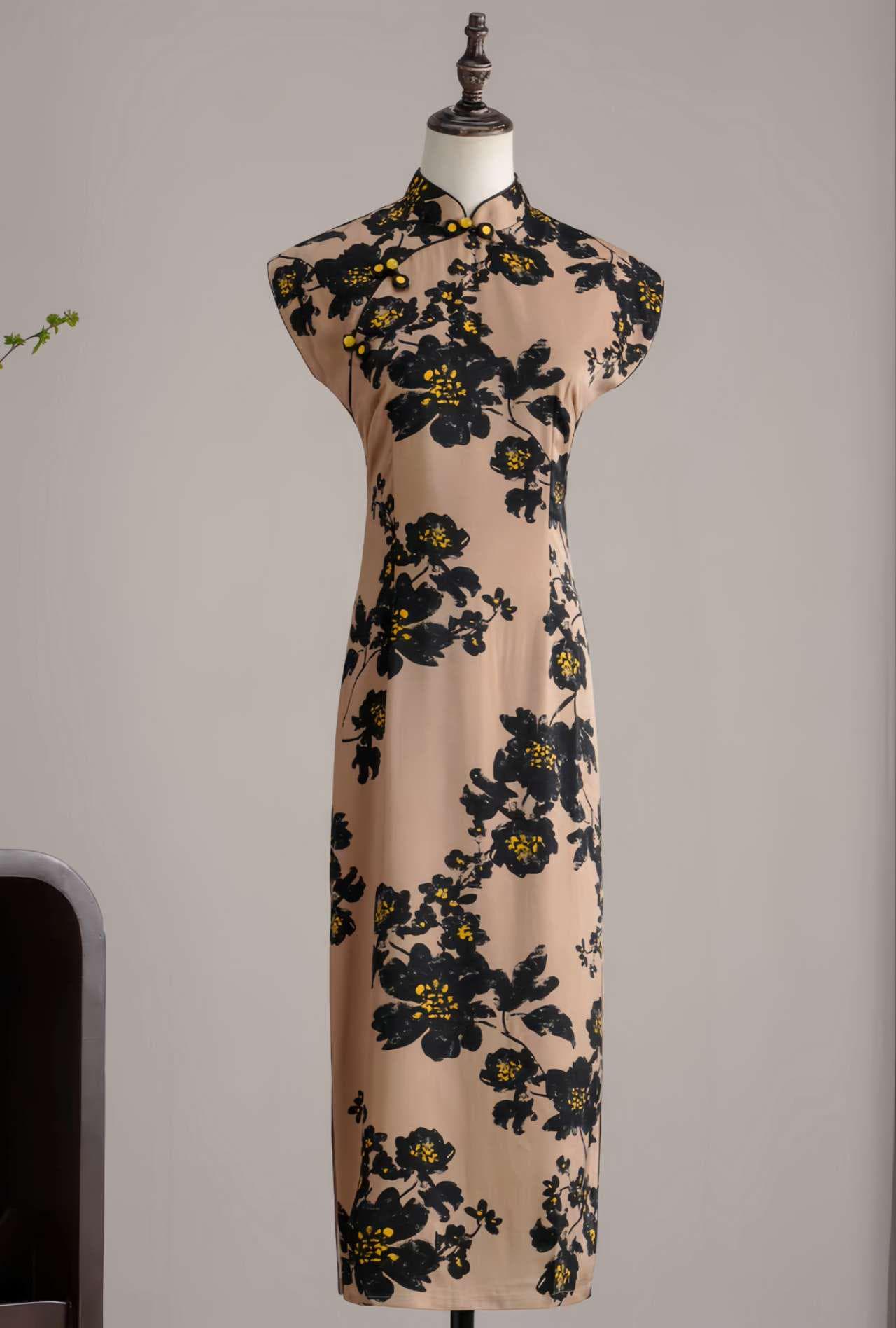 Retro Floral Qipao, Brown Cheongsam Dress, Elegant Vintage Qipao, Oriental Tea Party Dress, Wedding Guest Dress, Gift for Her