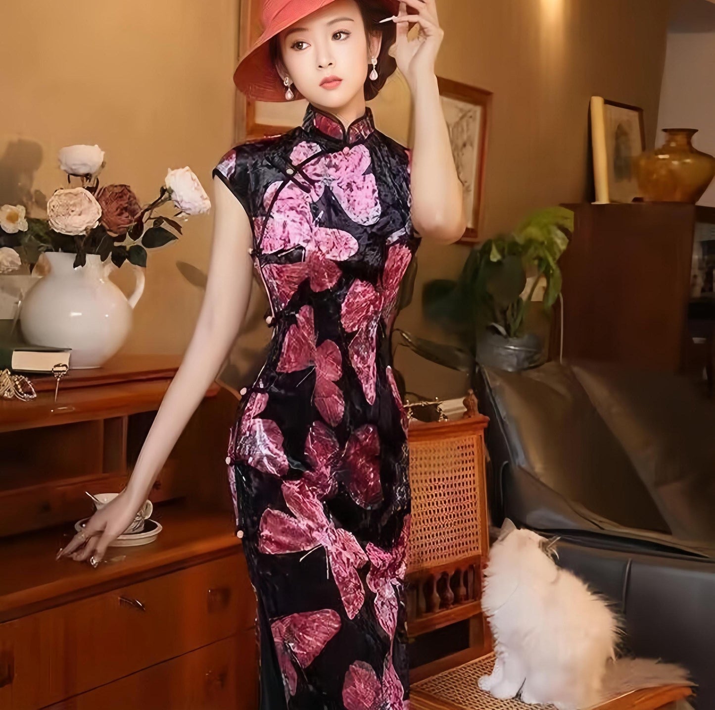 Vestido Qipao de Terciopelo, Cheongsam Chino Verde con Estampado de Hojas, Ideal para Ceremonia de Té, Regalo Elegante para Ella