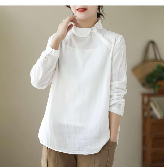 Blusa Vintage Japonesa, Camisa Blanca, Top Cuello Retro Botones, Moda Minimalista Asiática, Blusa Estilo Arte,Top Boho Casual,Art Style