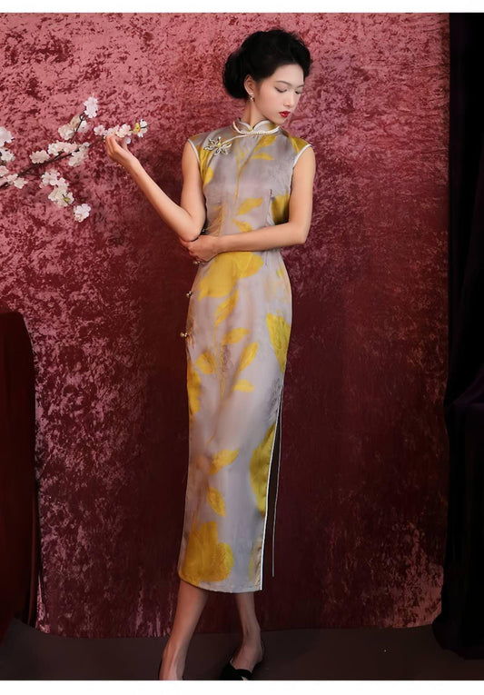 Cheongsam Floral Dorado, Vestido Qipao Elegante, Vestido Mandarina Vintage, Regalo para Ella, Vestido Formal, Vestido de Cóctel Asiático