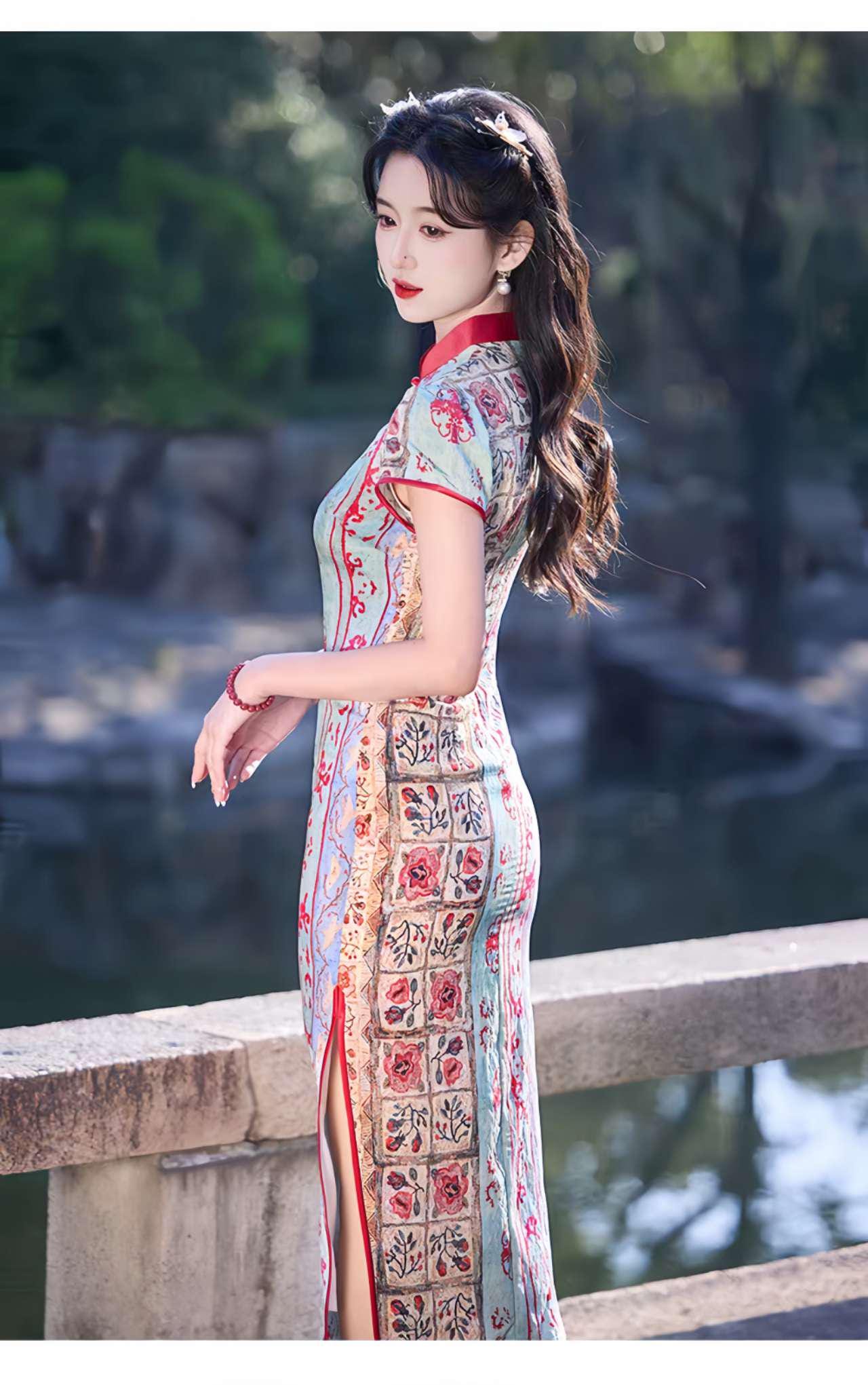 Patchwork Qipao Dress, Retro Cheongsam, Oriental Boho Dress, Vintage Style Qipao, Spring Summer Tea Dress, Gift for Her