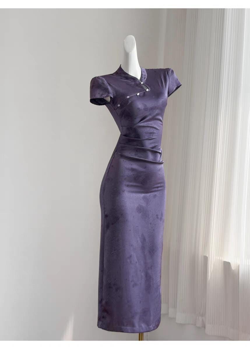 Qipao púrpura, vestido chino cheongsam vintage, vestido antiguo estilo Shangai, vestido retro de cóctel,Vestido Vintage Elegante para Té