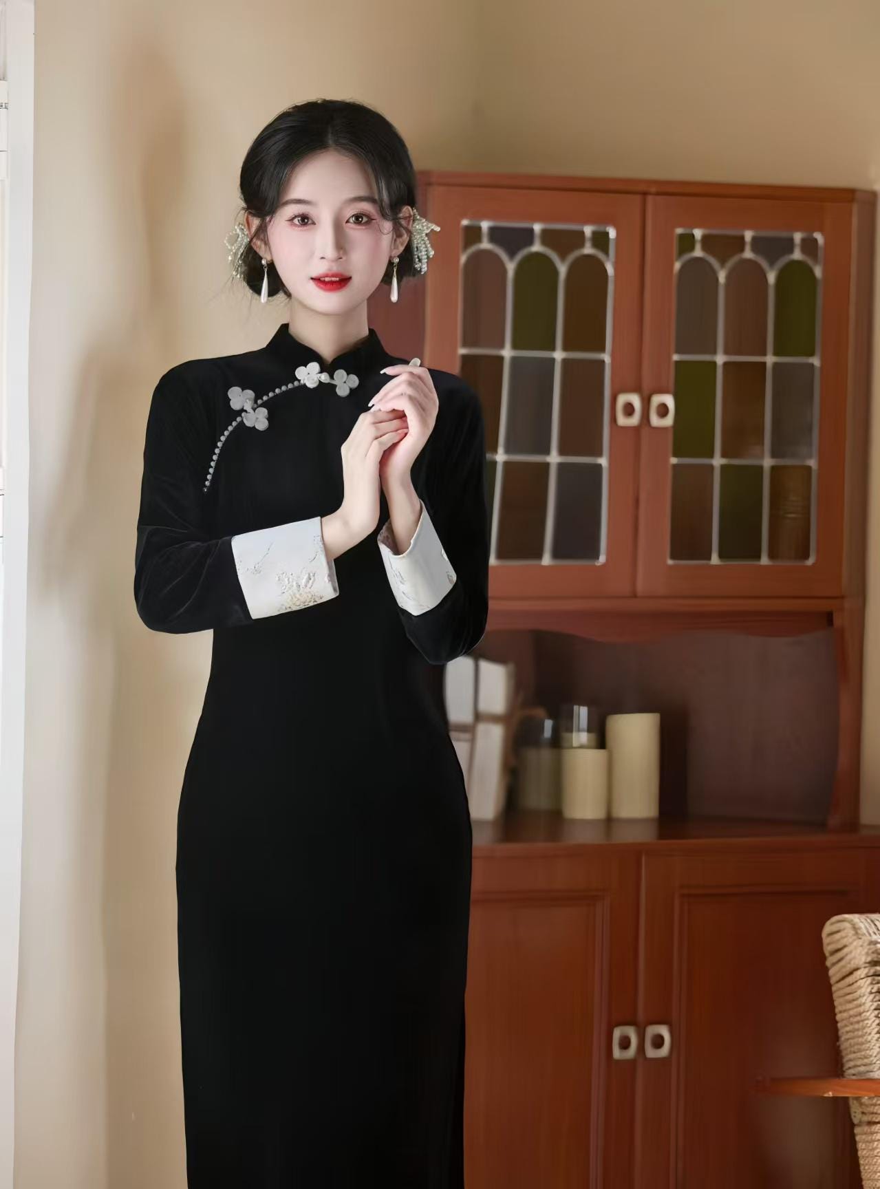 Velvet Qipao Dress, Blue Cheongsam with Butterfly Print, Elegant Oriental Evening Dress, Vintage Chinese Cocktail, Formal Fashion