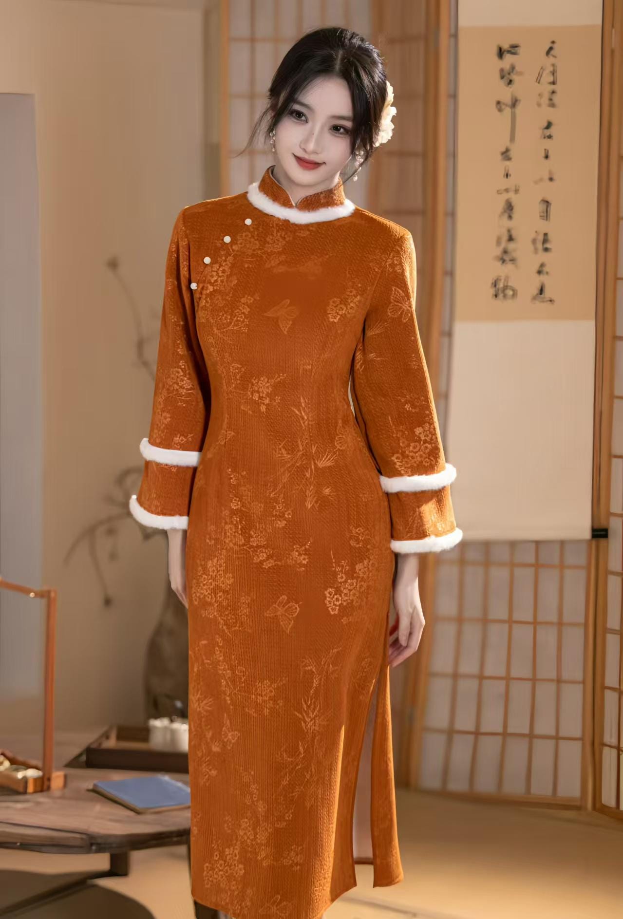 Floral Print Velvet Qipao, Warm Autumn Dress Long Sleeve, Pearl Frog Buttons, Orange Winter Cheongsam, Traditional Chinese, Gift