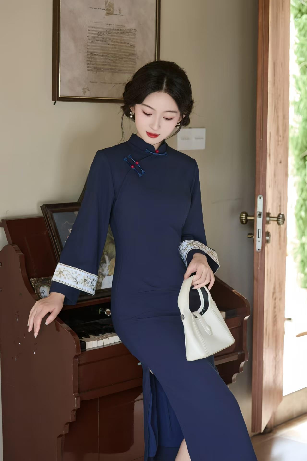 Vestido Qipao Otoño, Vestido Cheongsam Azul Marino, Vestido Chino Manga Larga, Elegante Conjunto Midi Tang, Vestido Oriental Lino Tencel