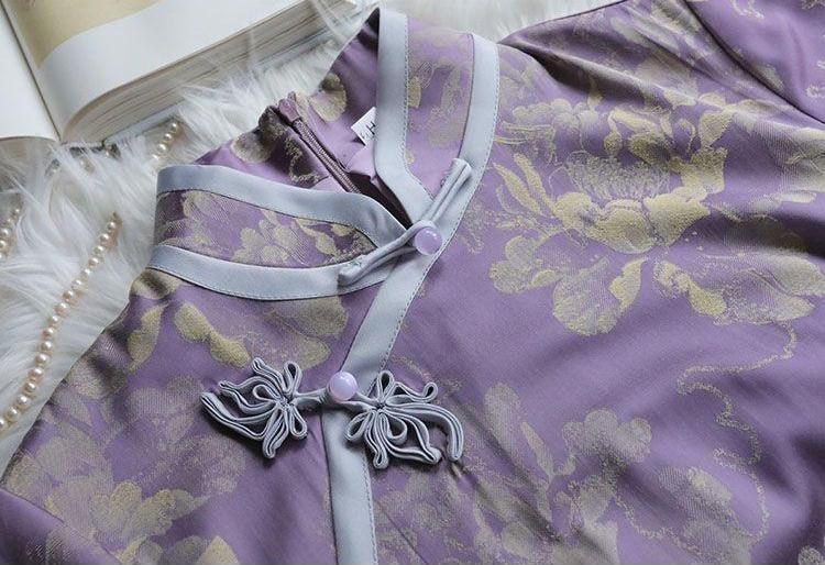 Vestido Qipao Jacquard Acetato Lila | Cheongsam morado Chino Retro | Elegante Vestido de Fiesta Oriental | Cheongsam Floral Mujer