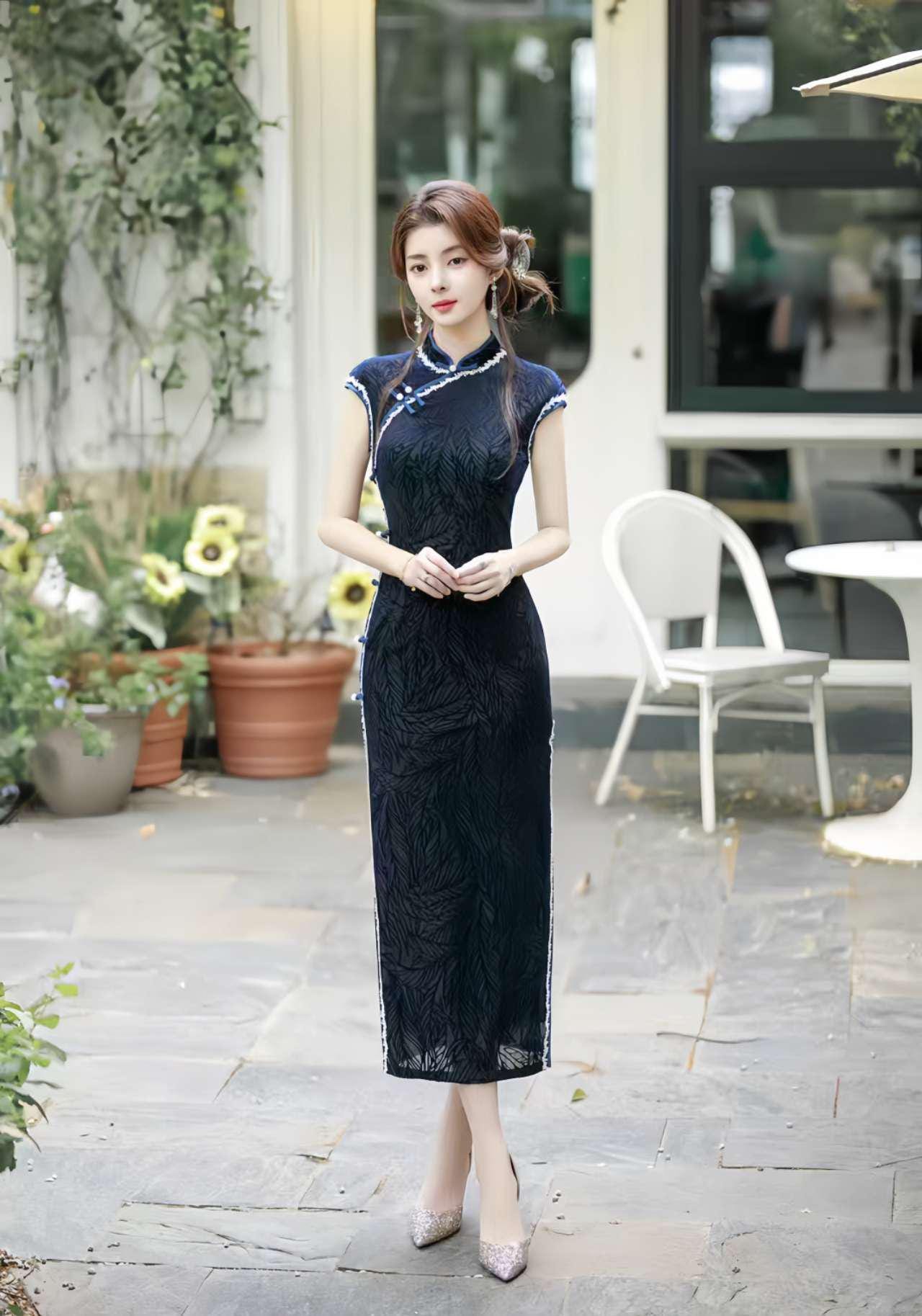 Vestido Qipao Hoja de Terciopelo, Cheongsam Chino Azul Oscuro, Vestido Oriental Vintage, Elegante Qipao de Fiesta, Qipao Retro Clásico
