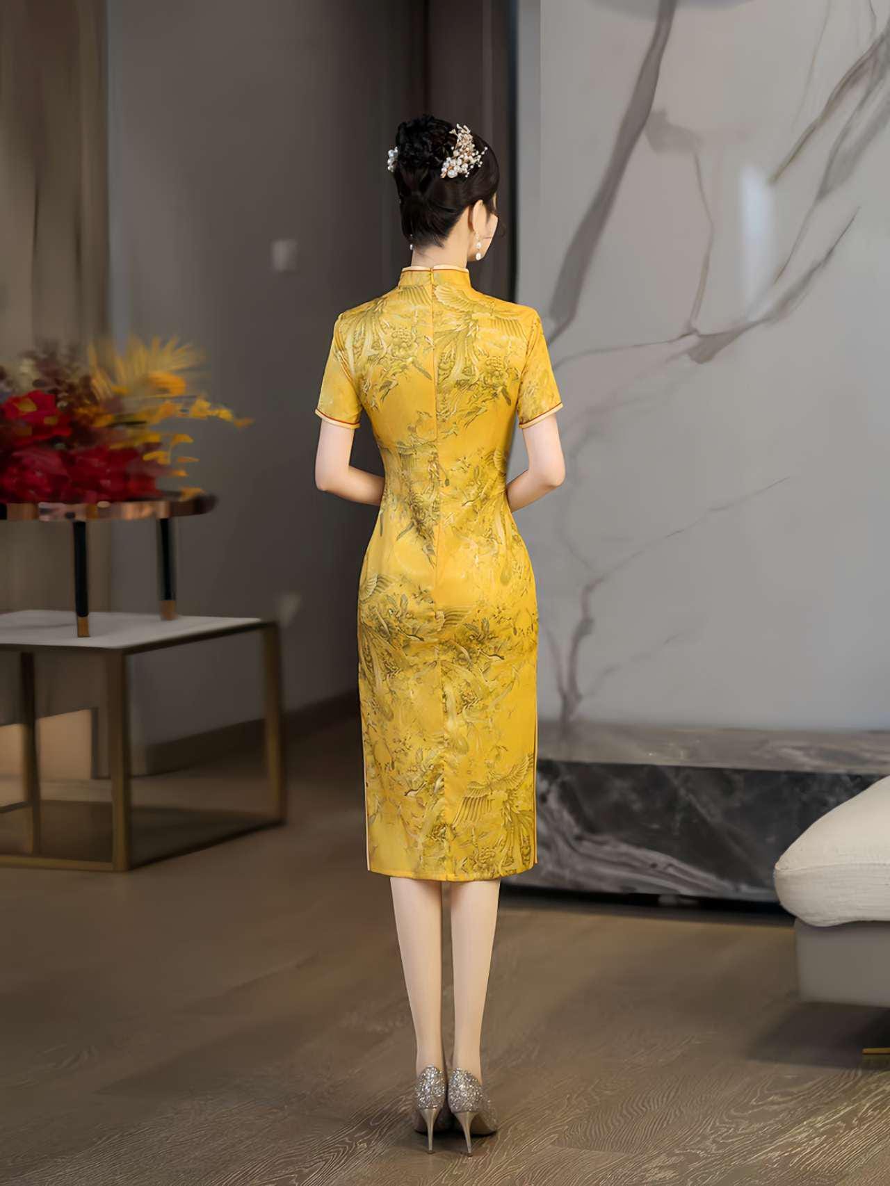 Qipao Amarillo Fénix, Vestido Cheongsam Corto, Vestido de Fiesta Chino, Traje de Cóctel Oriental, Vestido de Invitada de Boda Retro